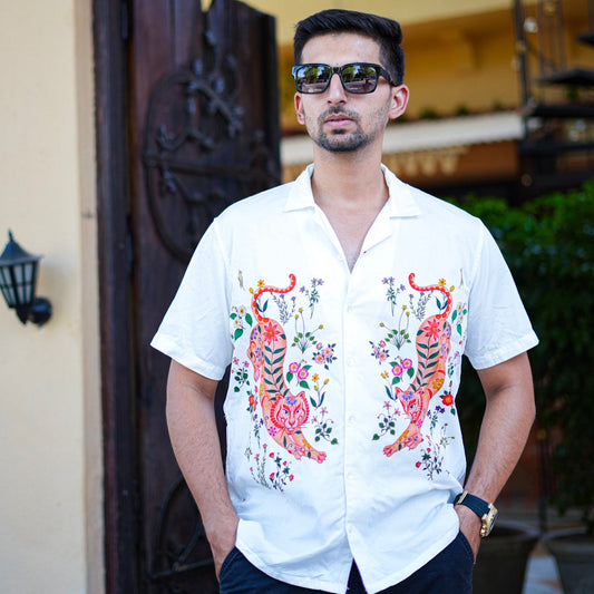 Roar & Roses - White Half Sleeve Summer Shirts for Men